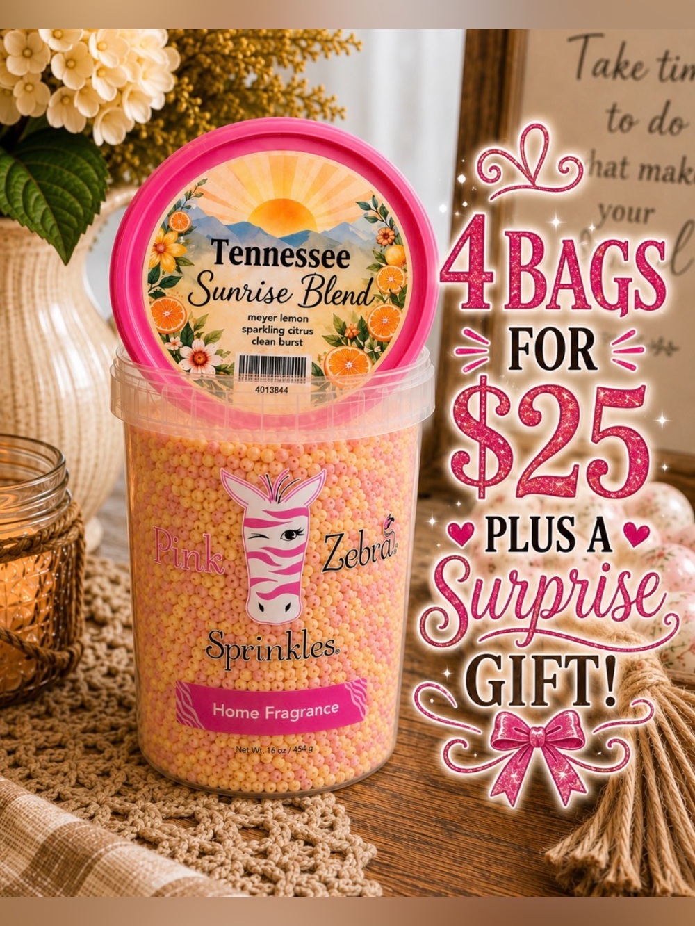 Pink Zebra Tennessee Sunrise Blend Soy Wax Melts 2oz Bag 48 hours of Fragrance